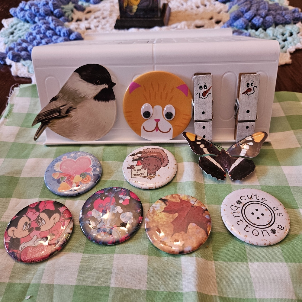 Vgt Lot Of Fridge Magnets & Buttons 11 Pcs